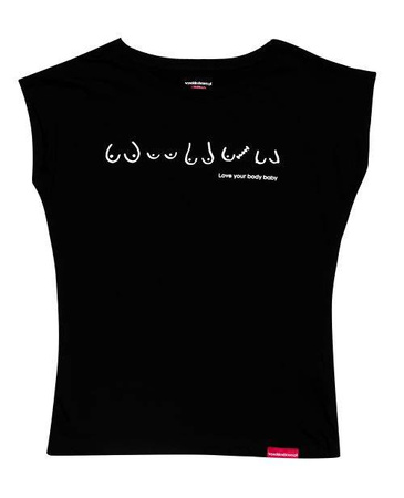Czarna koszulka z grafiką piersi i napisem "Love your body baby" - rozmiar S/M